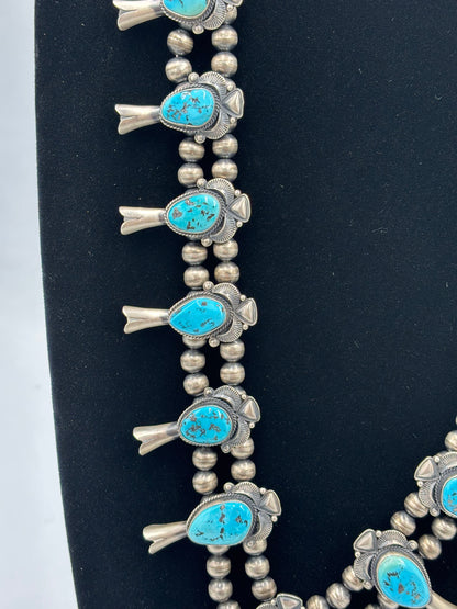 Sleeping Beauty #922-23 Turquoise Squash Blossom Necklace, Cuff, & Earrings Set by Derrick, Navajo