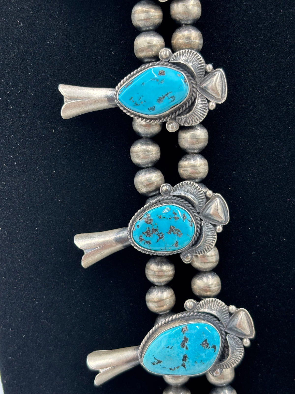 Sleeping Beauty #922-23 Turquoise Squash Blossom Necklace, Cuff, & Earrings Set by Derrick, Navajo