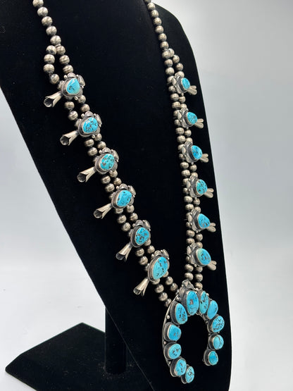 Sleeping Beauty #922-23 Turquoise Squash Blossom Necklace, Cuff, & Earrings Set by Derrick, Navajo