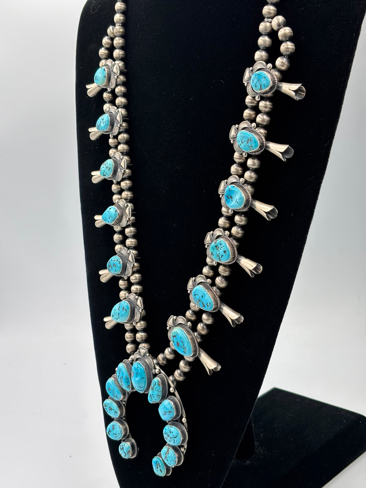Sleeping Beauty #922-23 Turquoise Squash Blossom Necklace, Cuff, & Earrings Set by Derrick, Navajo