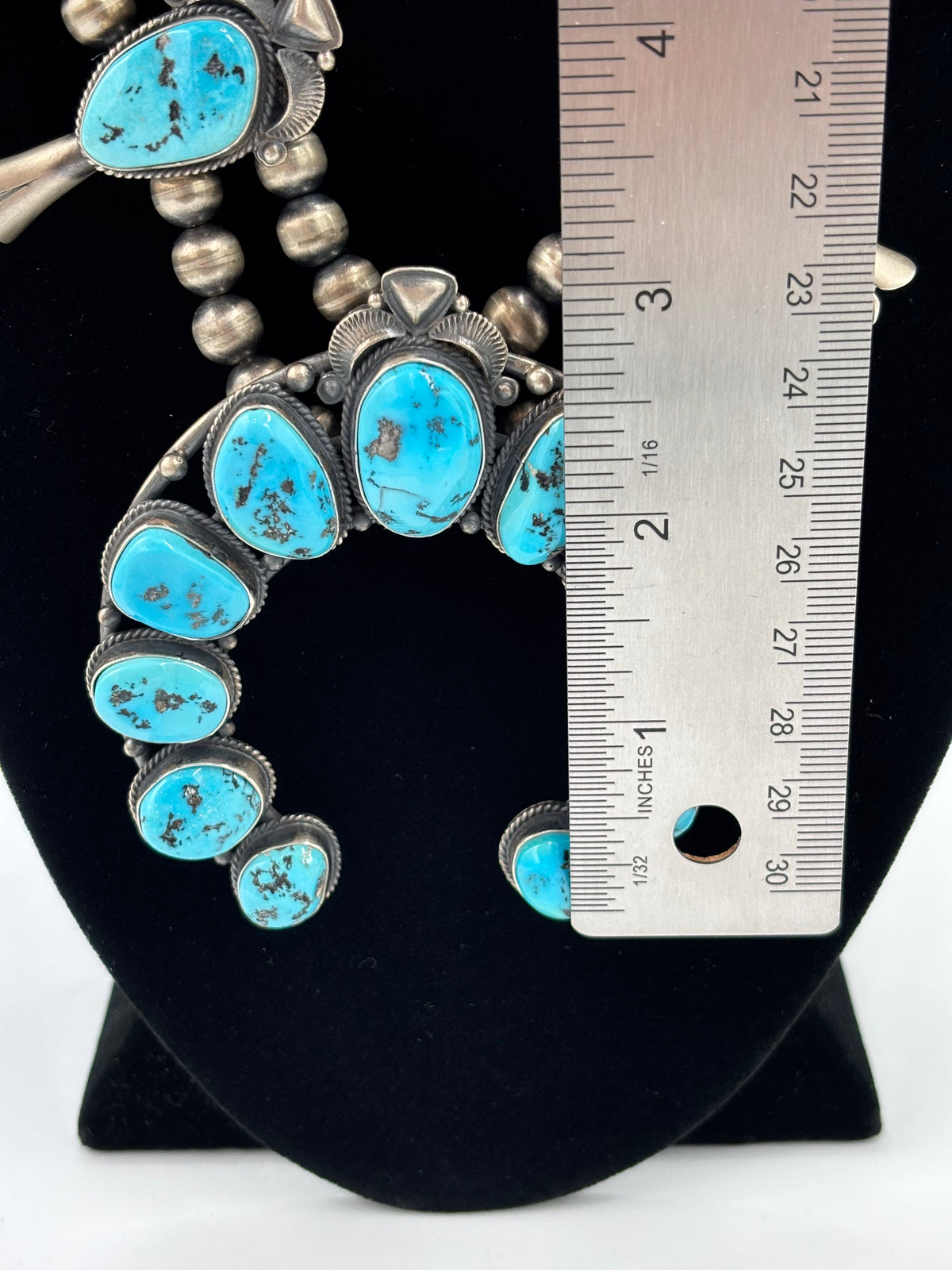 Sleeping Beauty #922-23 Turquoise Squash Blossom Necklace, Cuff, & Earrings Set by Derrick, Navajo