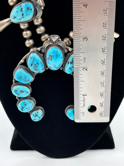 Sleeping Beauty #922-23 Turquoise Squash Blossom Necklace, Cuff, & Earrings Set by Derrick, Navajo
