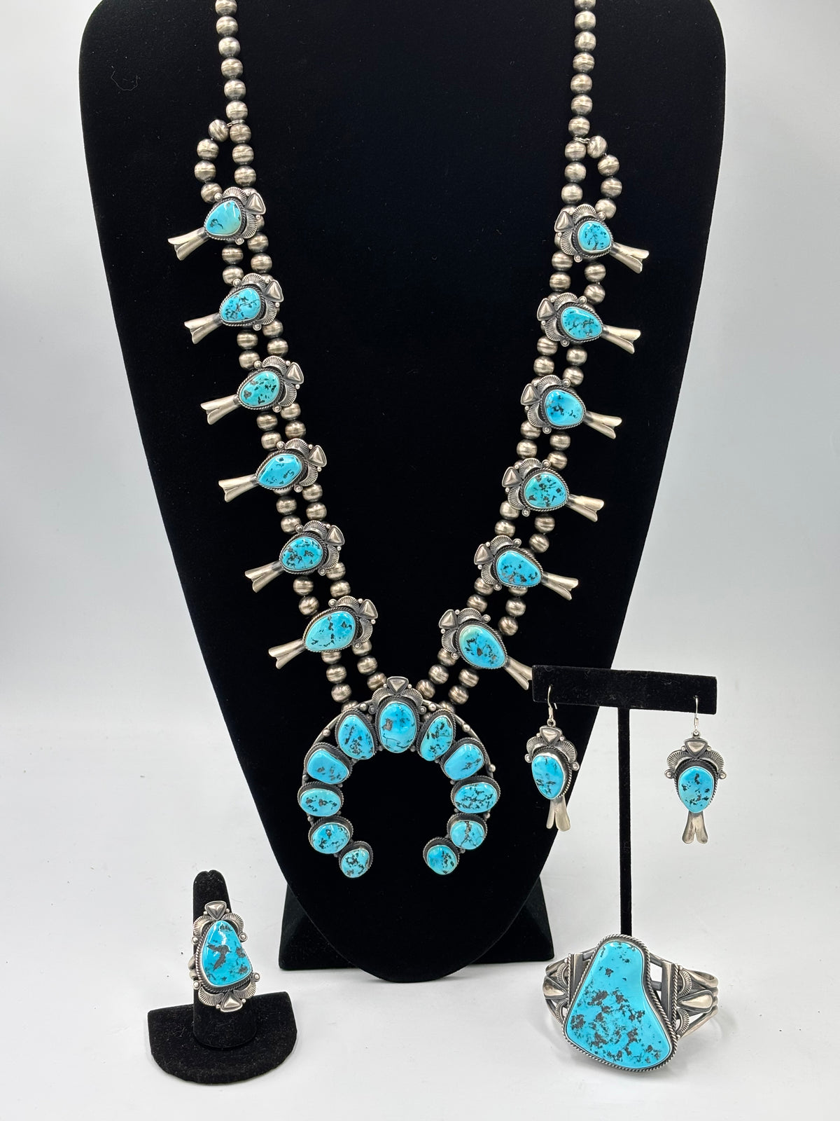 Sleeping Beauty #922-23 Turquoise Squash Blossom Necklace, Cuff, & Earrings Set by Derrick, Navajo