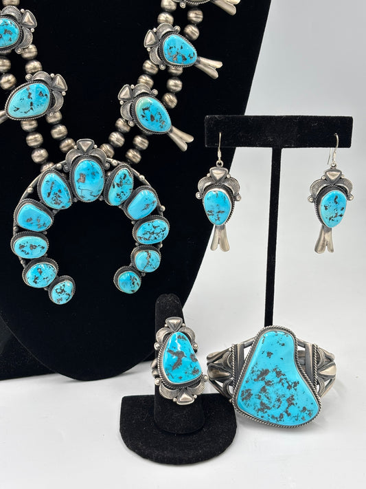 Sleeping Beauty #922-23 Turquoise Squash Blossom Necklace, Cuff, & Earrings Set by Derrick, Navajo