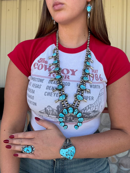 Sleeping Beauty #922-23 Turquoise Squash Blossom Necklace, Cuff, & Earrings Set by Derrick, Navajo