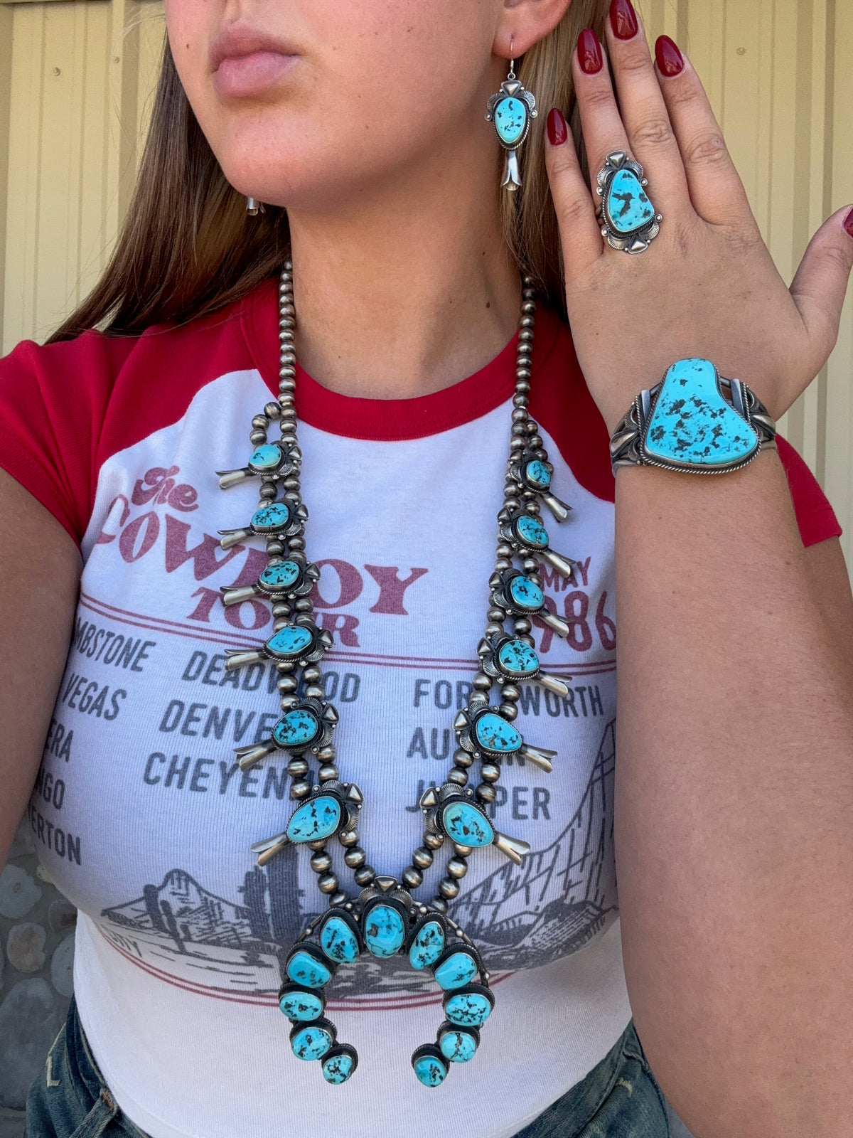 Sleeping Beauty #922-23 Turquoise Squash Blossom Necklace, Cuff, & Earrings Set by Derrick, Navajo