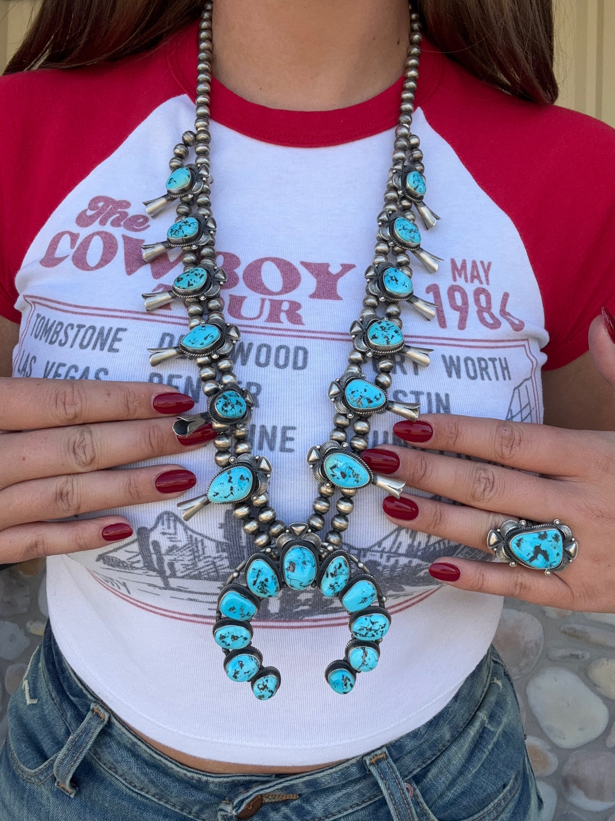 Sleeping Beauty #922-23 Turquoise Squash Blossom Necklace, Cuff, & Earrings Set by Derrick, Navajo