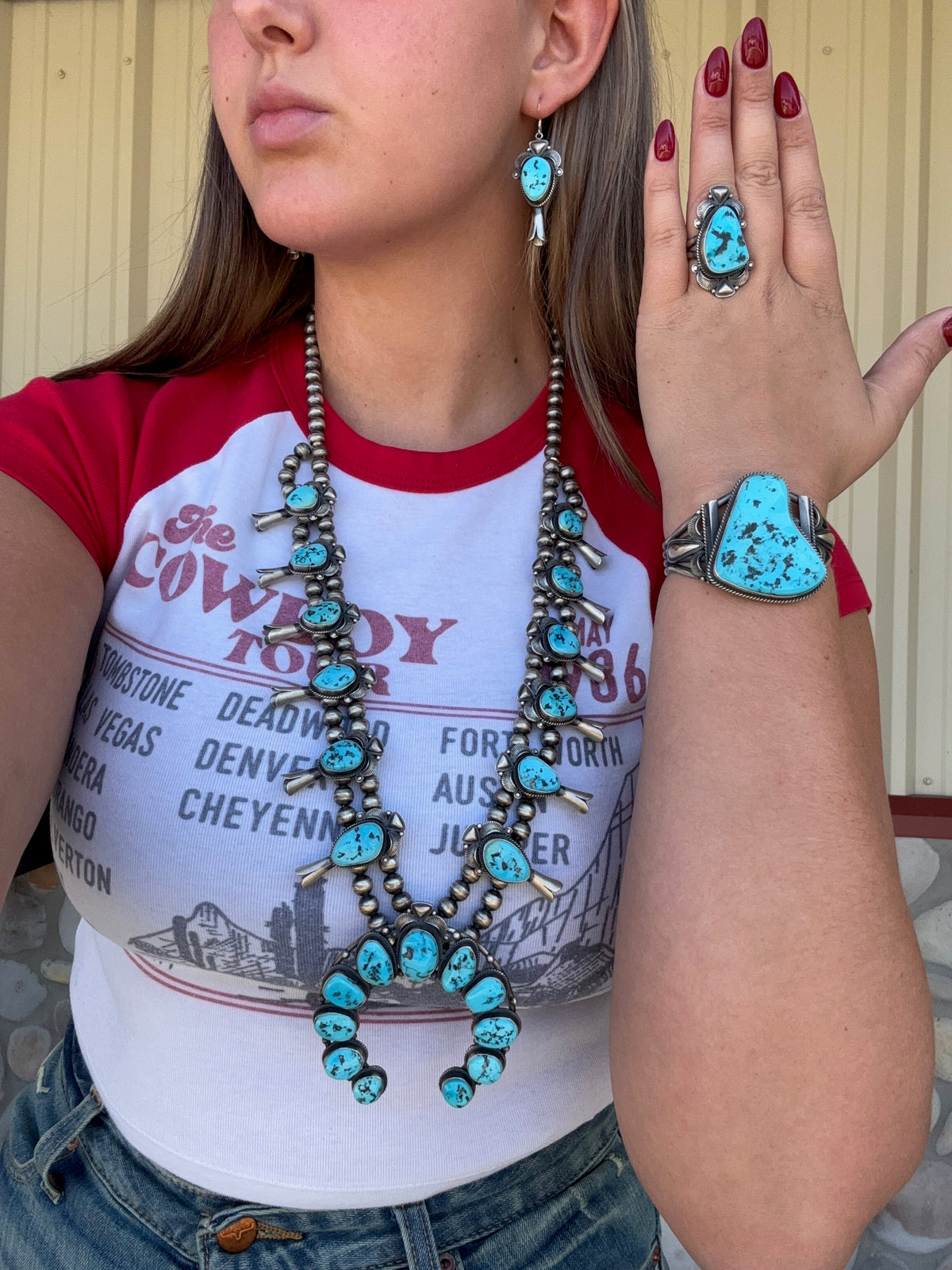 Sleeping Beauty #922-23 Turquoise Squash Blossom Necklace, Cuff, & Earrings Set by Derrick, Navajo