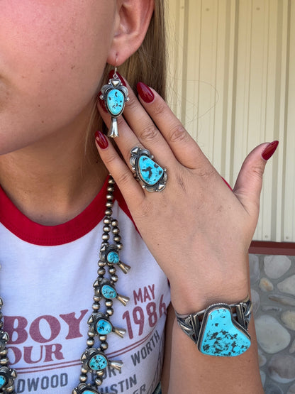 Sleeping Beauty #922-23 Turquoise Squash Blossom Necklace, Cuff, & Earrings Set by Derrick, Navajo
