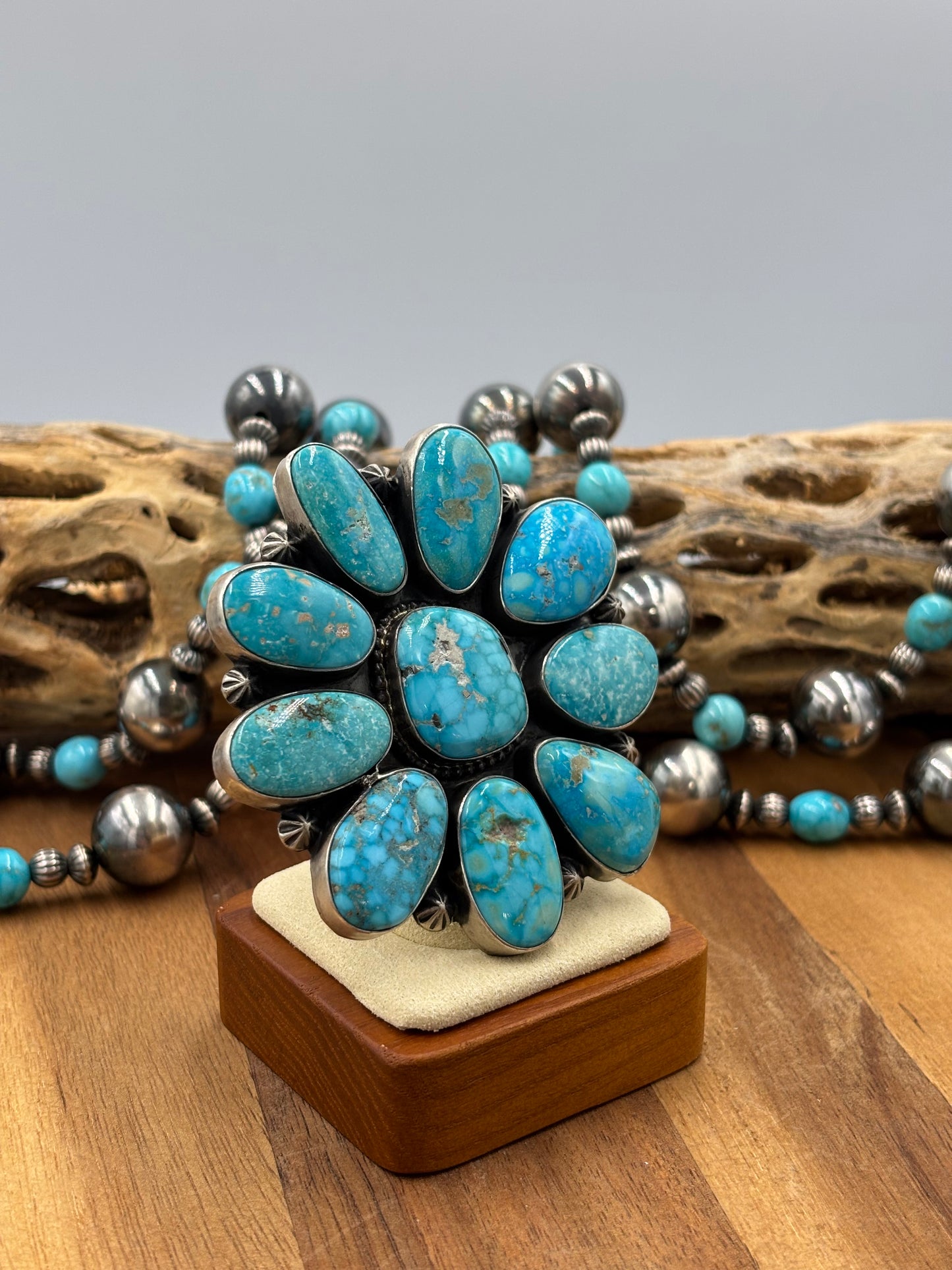White Water Turquoise Cluster Ring Size 8.5 by D. Stoingston, Navajo
