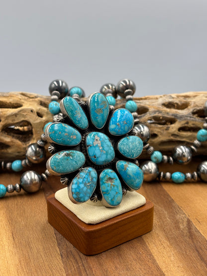 White Water Turquoise Cluster Ring Size 8.5 by D. Stoingston, Navajo