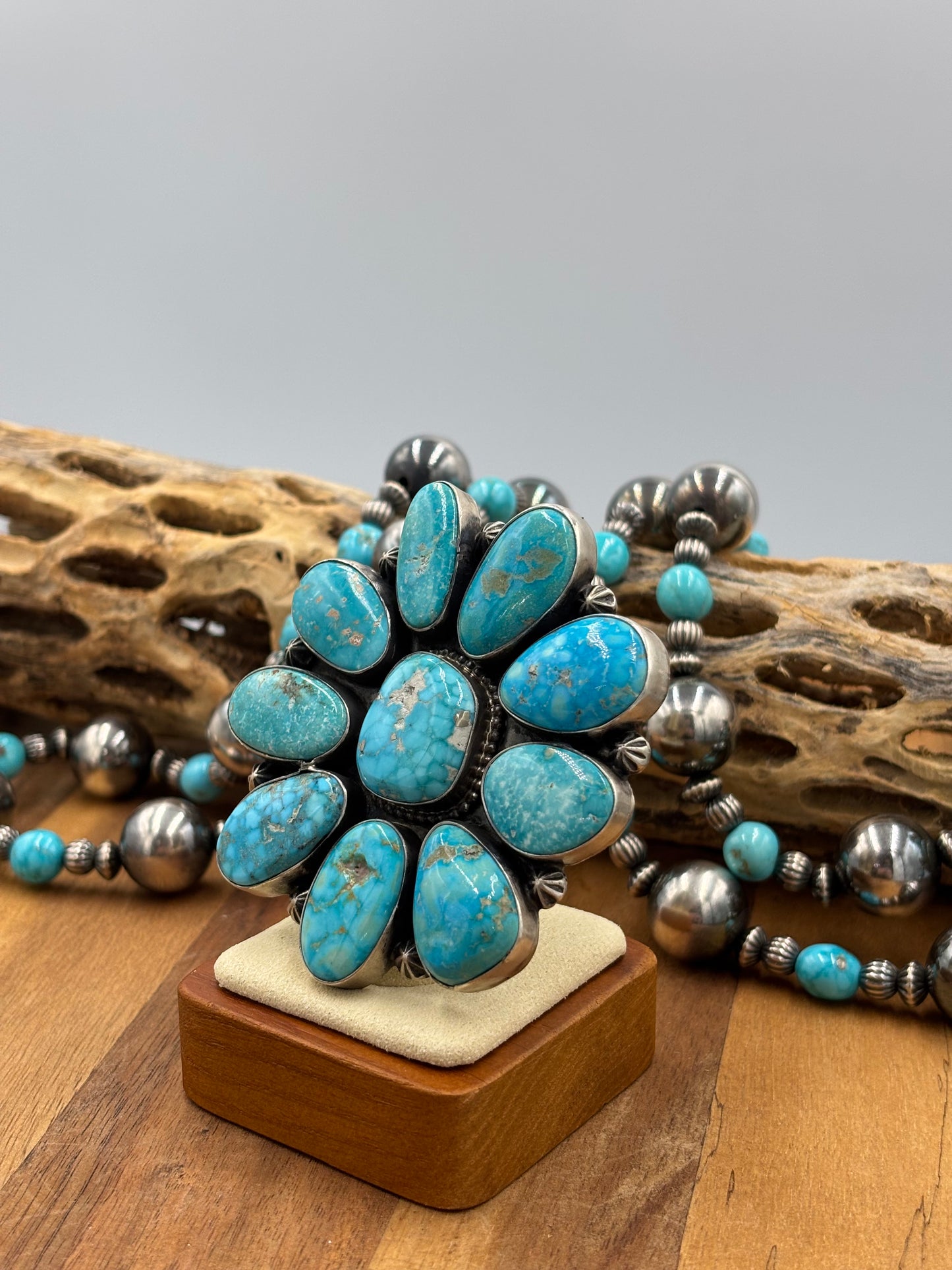 White Water Turquoise Cluster Ring Size 8.5 by D. Stoingston, Navajo