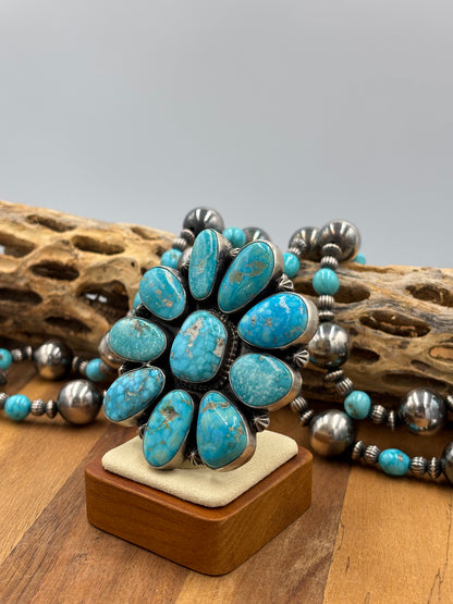 White Water Turquoise Cluster Ring Size 8.5 by D. Stoingston, Navajo