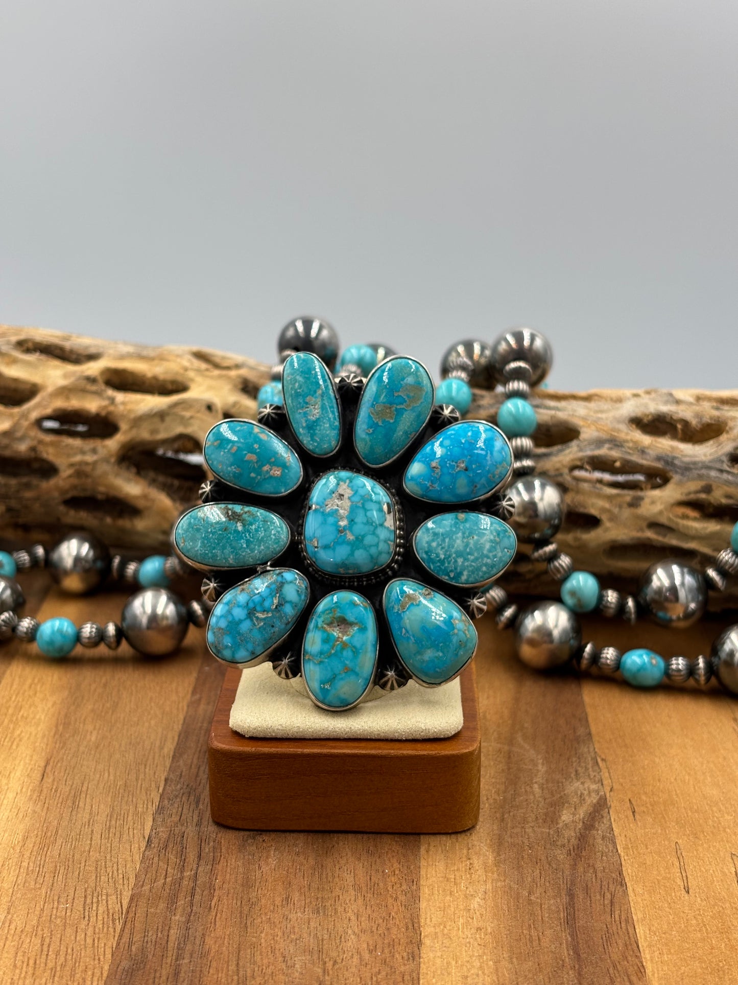 White Water Turquoise Cluster Ring Size 8.5 by D. Stoingston, Navajo