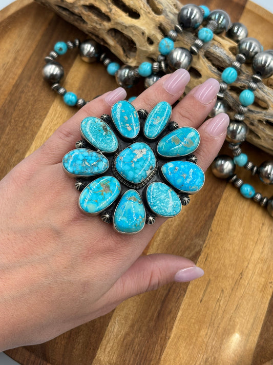 White Water Turquoise Cluster Ring Size 8.5 by D. Stoingston, Navajo