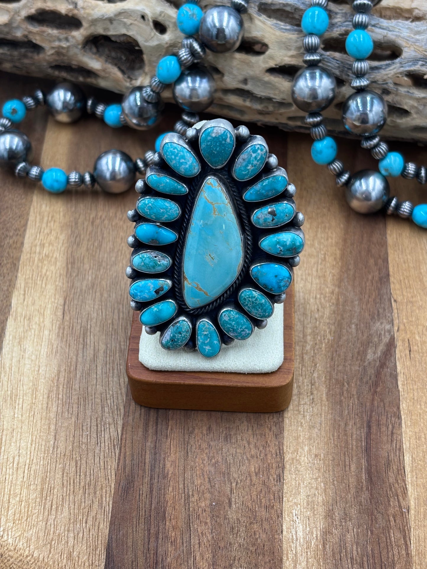 White Water Turquoise Cluster Ring Size 10 by Bobby Johnson, Navajo