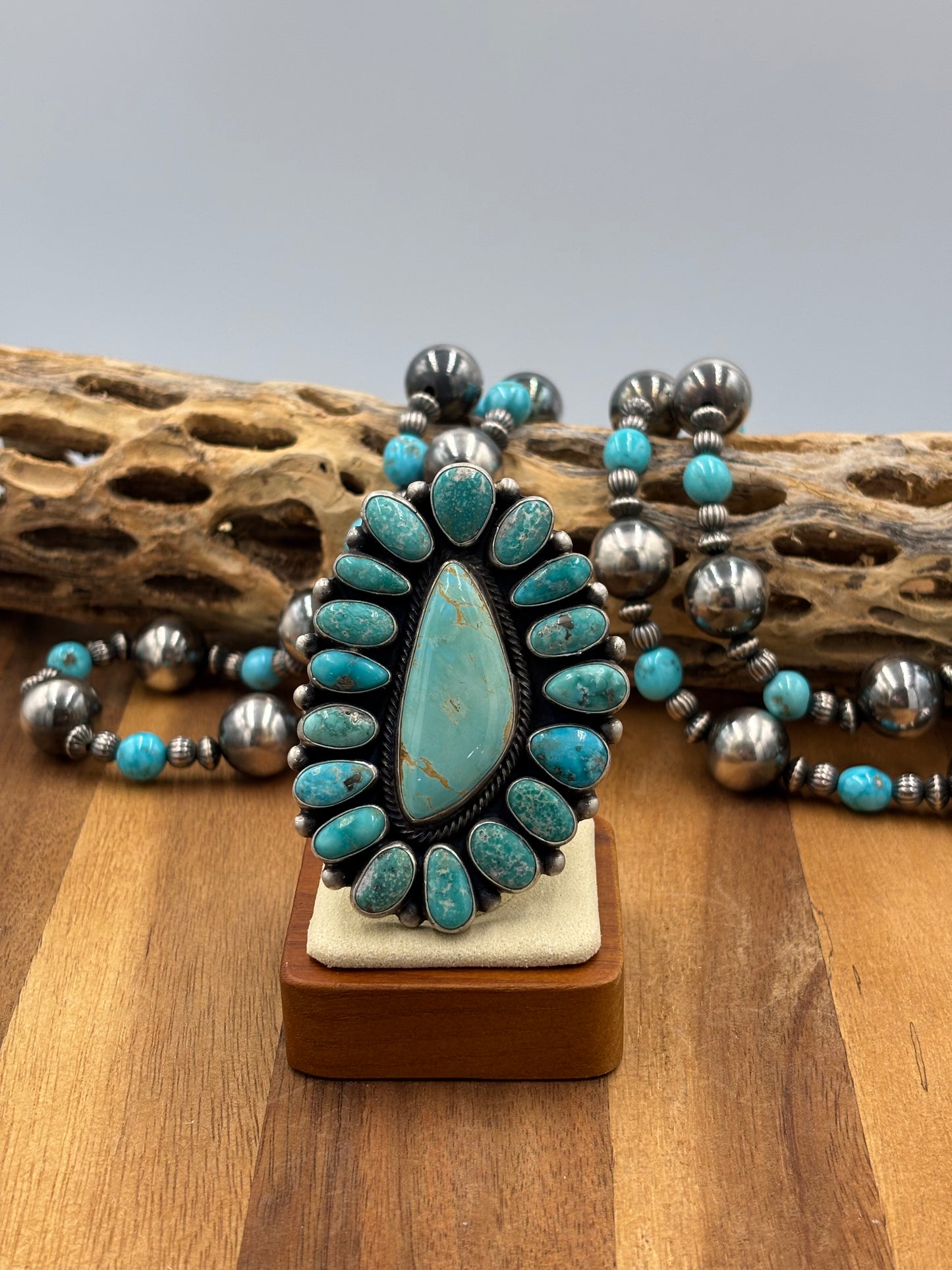 White Water Turquoise Cluster Ring Size 10 by Bobby Johnson, Navajo