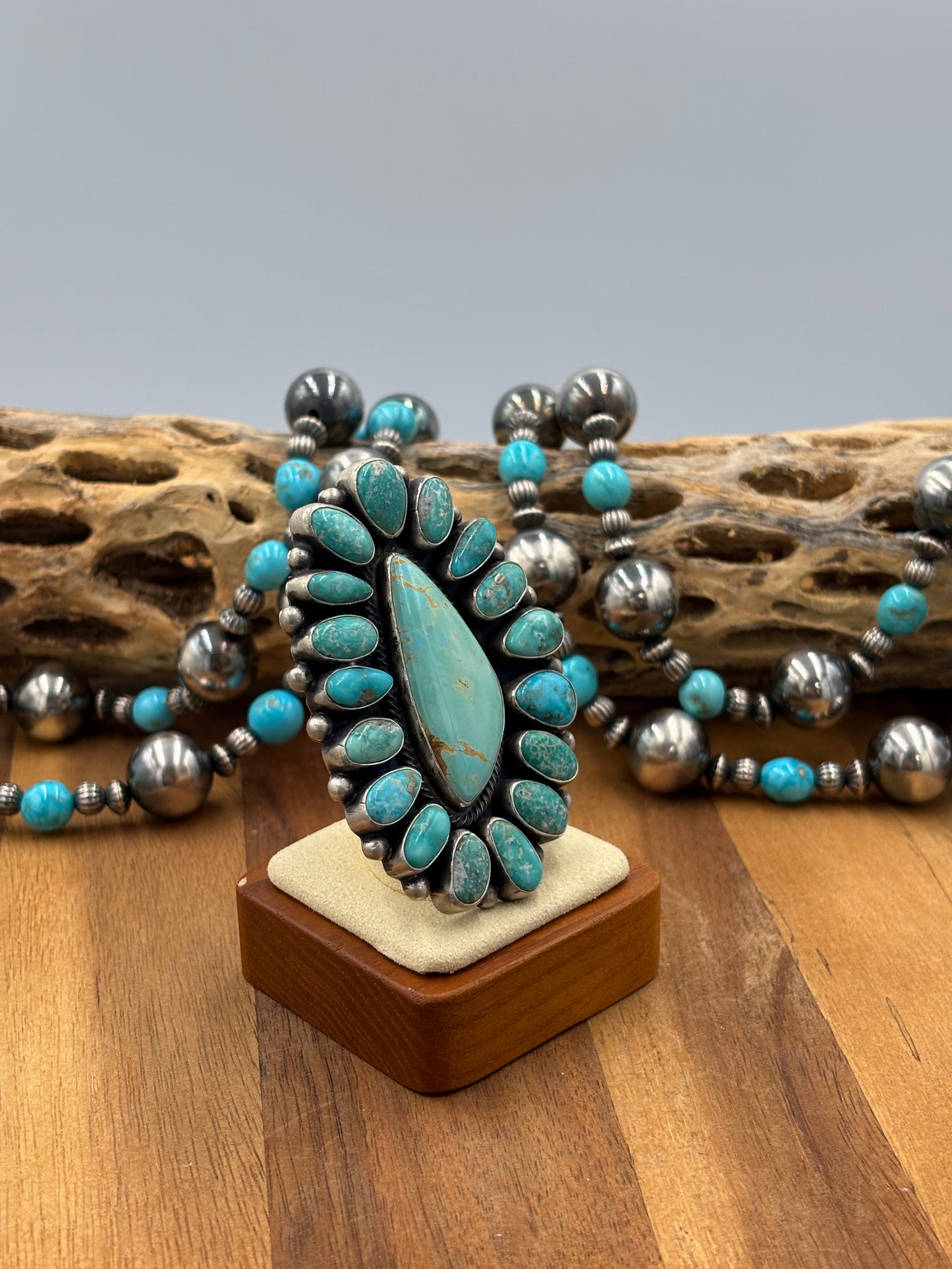 White Water Turquoise Cluster Ring Size 10 by Bobby Johnson, Navajo