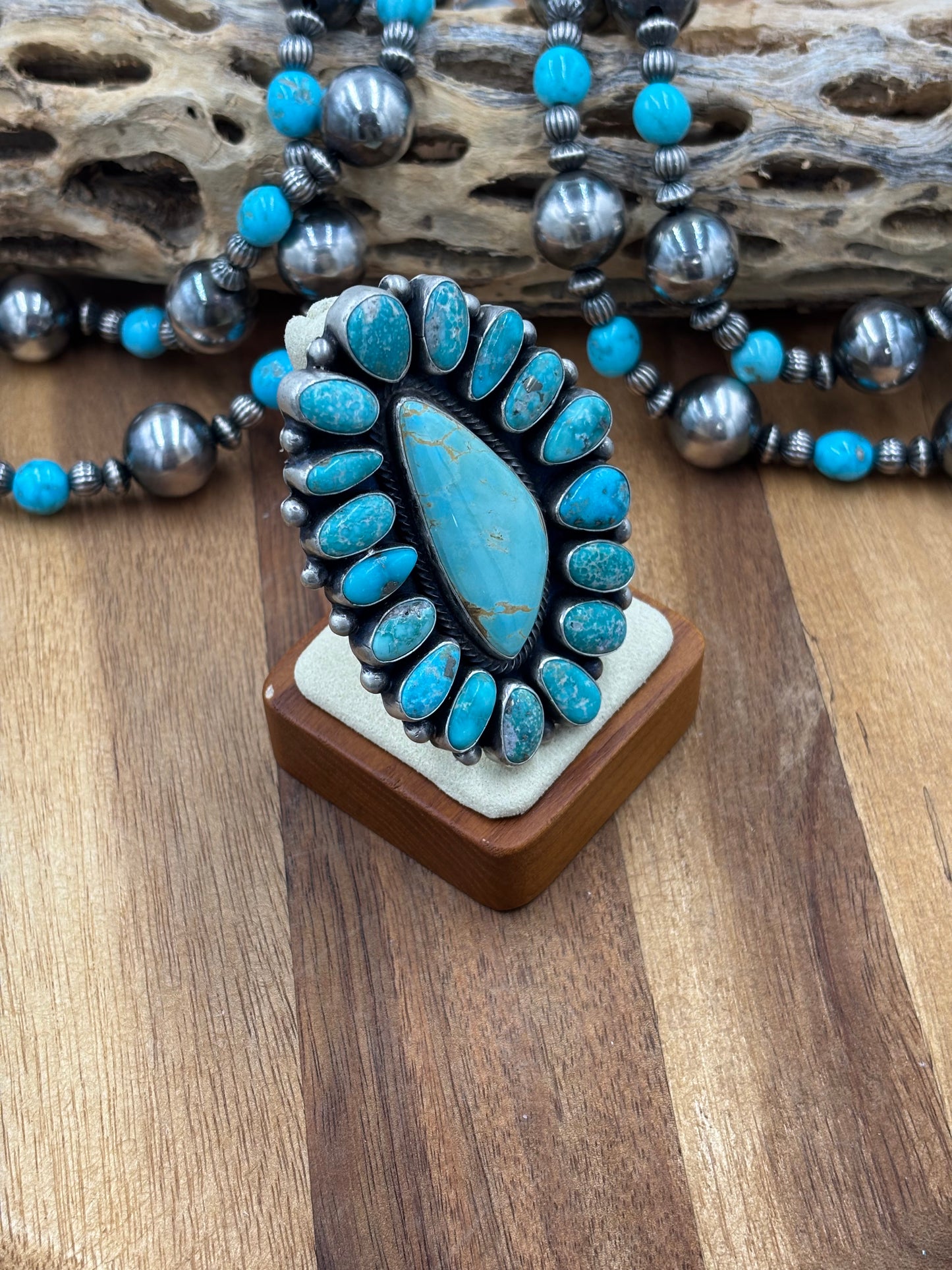 White Water Turquoise Cluster Ring Size 10 by Bobby Johnson, Navajo