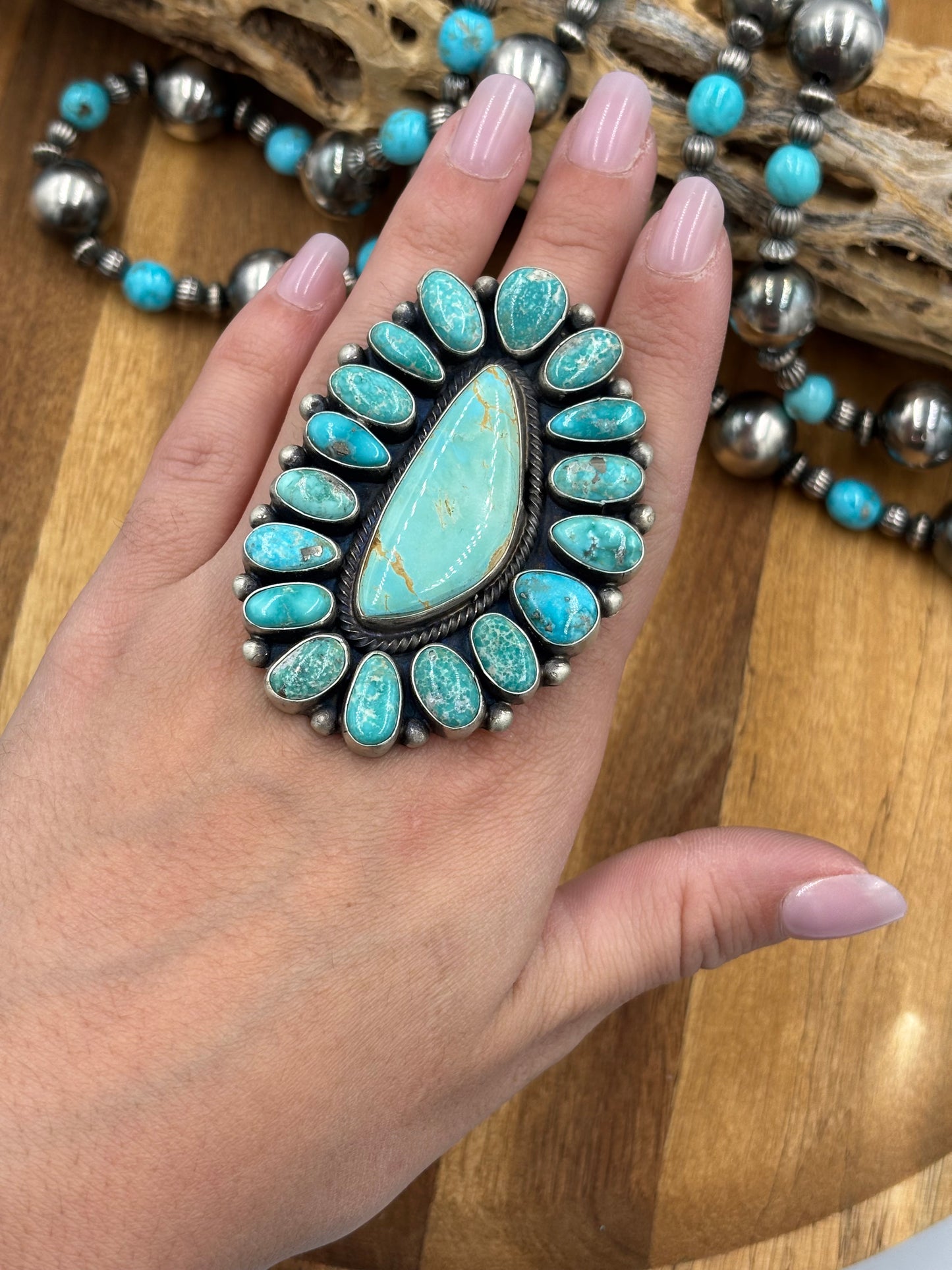 White Water Turquoise Cluster Ring Size 10 by Bobby Johnson, Navajo