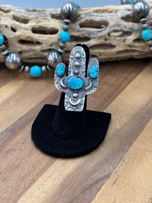 Turquoise #922-26B Cactus Adjustable Ring by Timothy Yazzie, Navajo