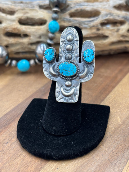 Turquoise #922-26B Cactus Adjustable Ring by Timothy Yazzie, Navajo