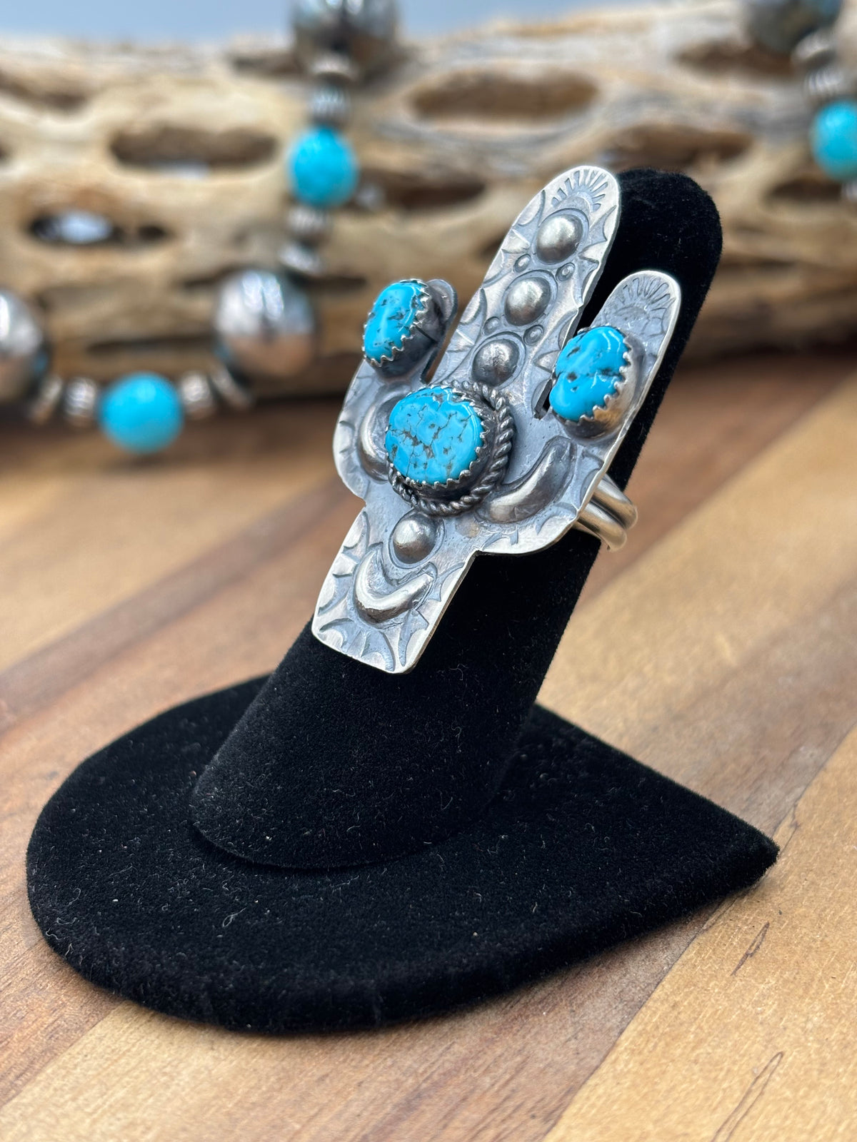 Turquoise #922-26B Cactus Adjustable Ring by Timothy Yazzie, Navajo