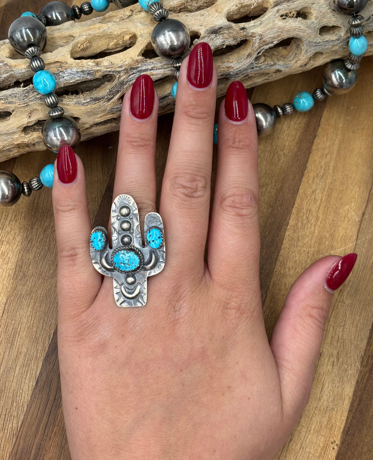 Turquoise #922-26B Cactus Adjustable Ring by Timothy Yazzie, Navajo