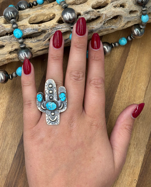 Turquoise #922-26B Cactus Adjustable Ring by Timothy Yazzie, Navajo