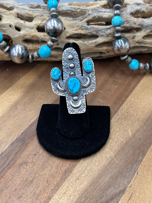 Turquoise #922-26A Cactus Adjustable Ring by Timothy Yazzie, Navajo