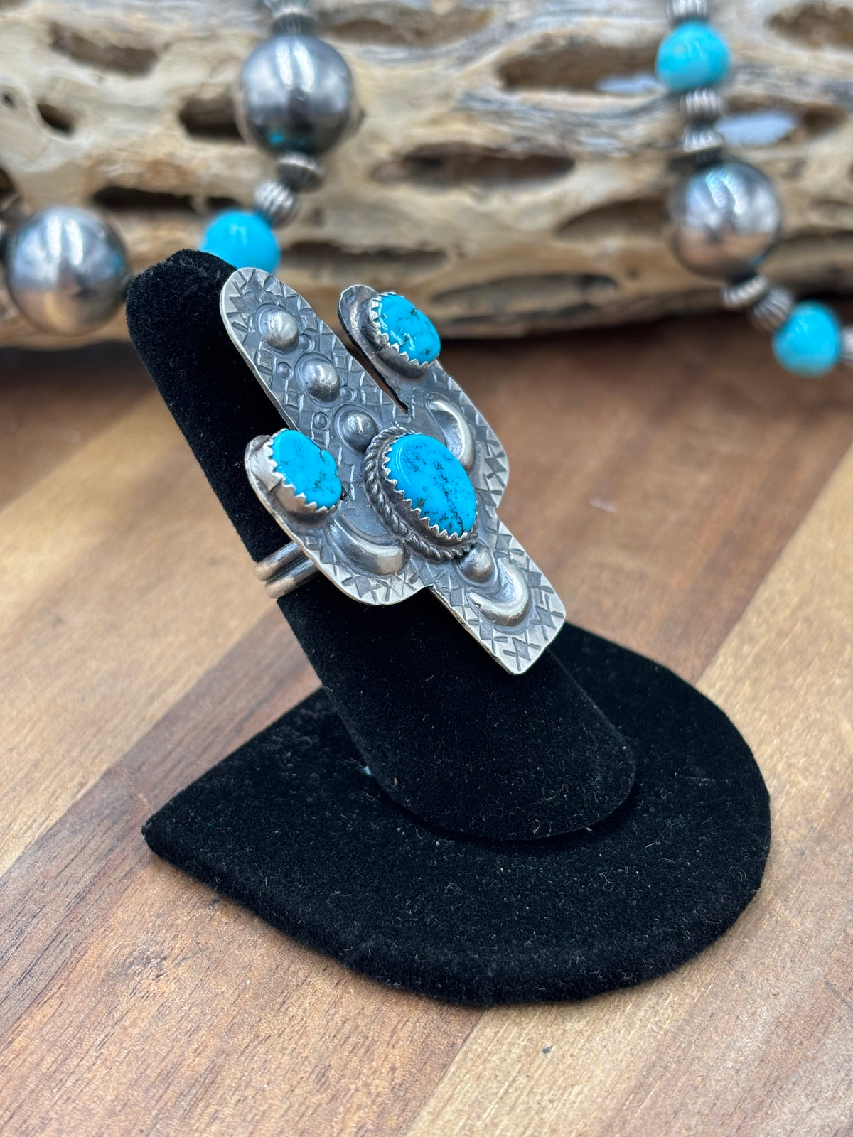 Turquoise #922-26A Cactus Adjustable Ring by Timothy Yazzie, Navajo