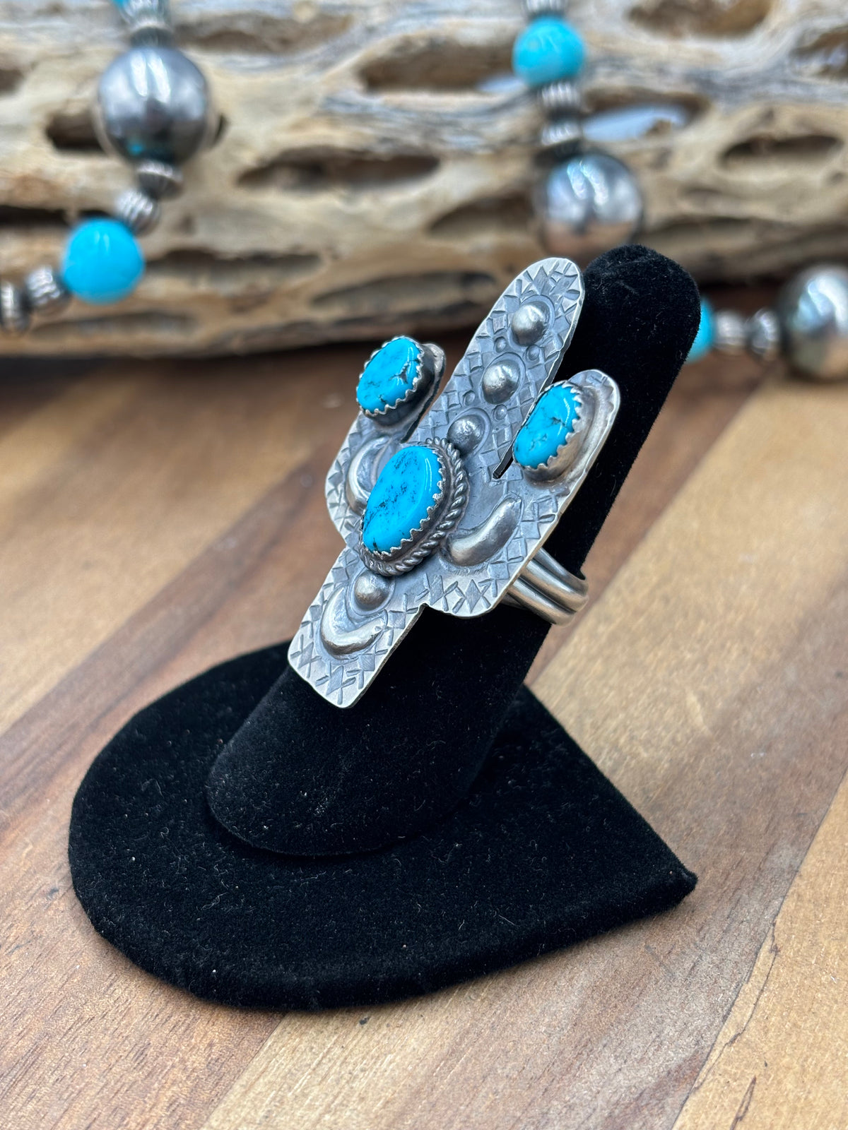 Turquoise #922-26A Cactus Adjustable Ring by Timothy Yazzie, Navajo