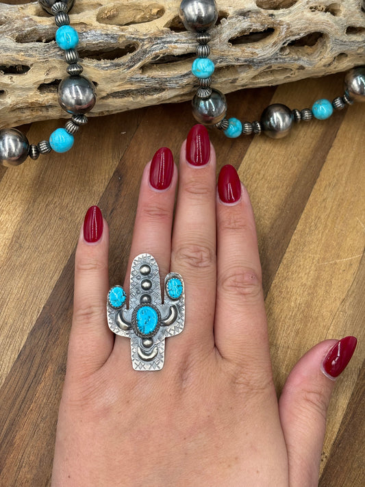 Turquoise #922-26A Cactus Adjustable Ring by Timothy Yazzie, Navajo