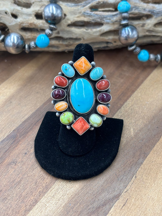 Mixed Stone #922-27 Size 6.5 Ring by Guinevere Joe, Navajo Turquoise, Red/Orange/Purple Spiny, Palomino