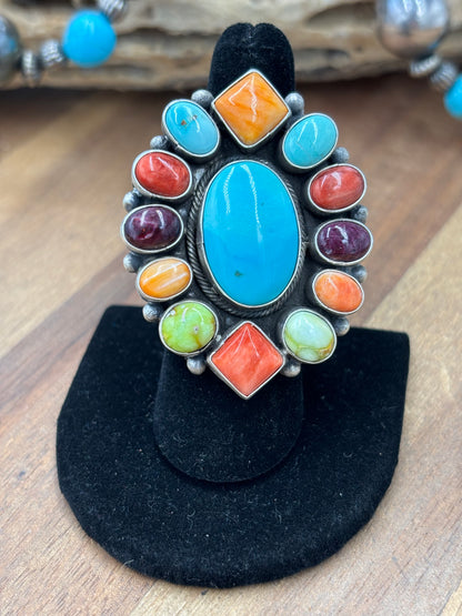 Mixed Stone #922-27 Size 6.5 Ring by Guinevere Joe, Navajo Turquoise, Red/Orange/Purple Spiny, Palomino