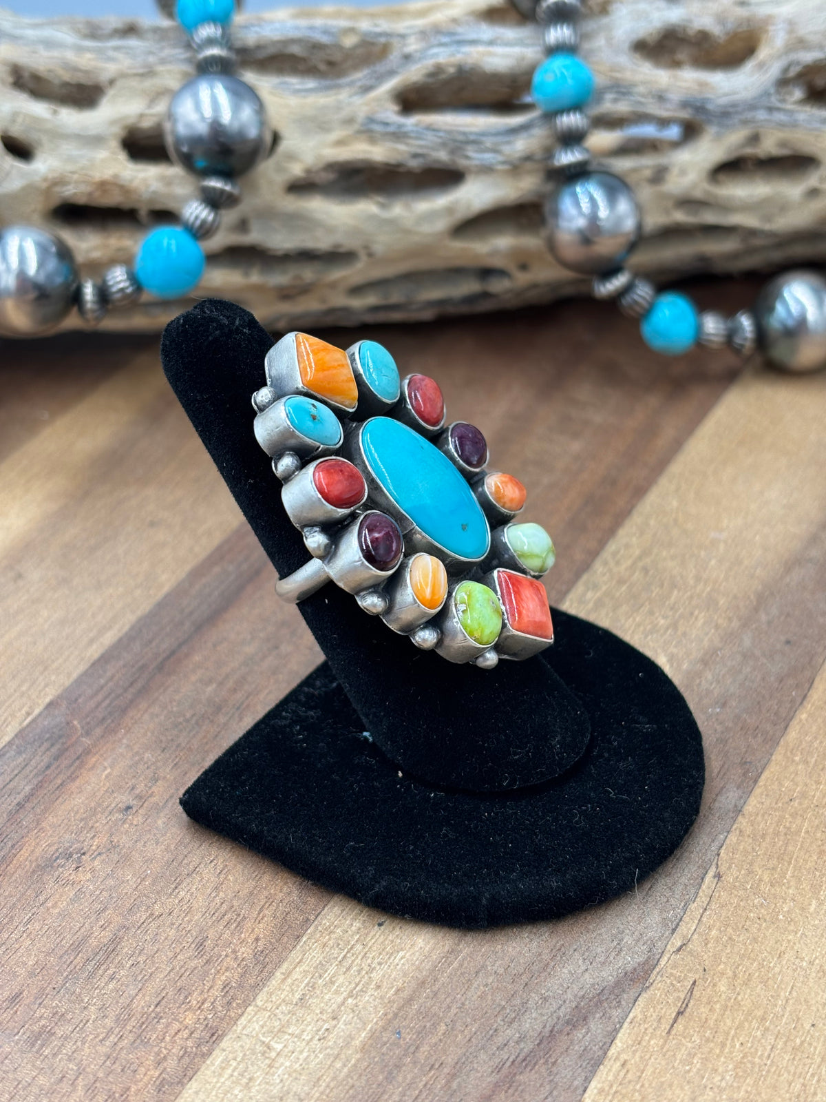 Mixed Stone #922-27 Size 6.5 Ring by Guinevere Joe, Navajo Turquoise, Red/Orange/Purple Spiny, Palomino