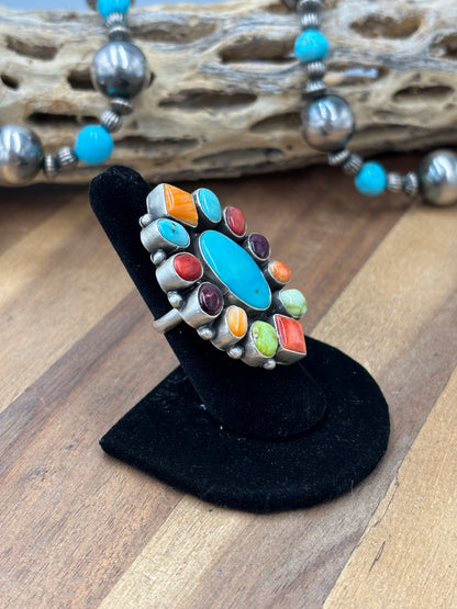 Mixed Stone #922-27 Size 6.5 Ring by Guinevere Joe, Navajo Turquoise, Red/Orange/Purple Spiny, Palomino