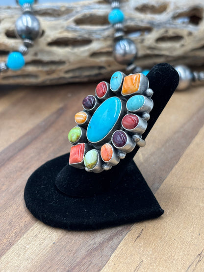 Mixed Stone #922-27 Size 6.5 Ring by Guinevere Joe, Navajo Turquoise, Red/Orange/Purple Spiny, Palomino