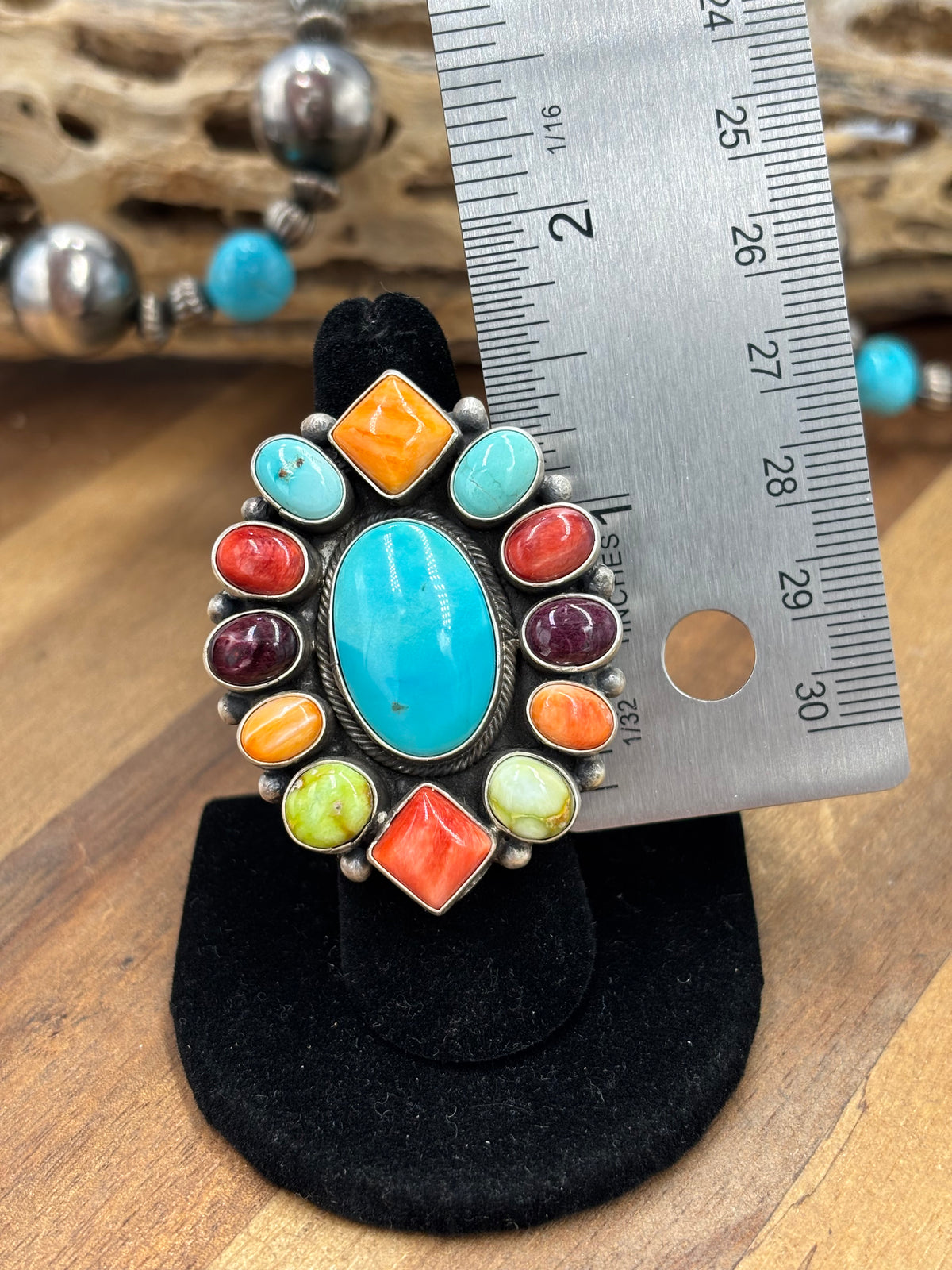 Mixed Stone #922-27 Size 6.5 Ring by Guinevere Joe, Navajo Turquoise, Red/Orange/Purple Spiny, Palomino