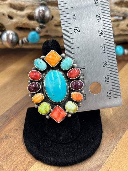 Mixed Stone #922-27 Size 6.5 Ring by Guinevere Joe, Navajo Turquoise, Red/Orange/Purple Spiny, Palomino