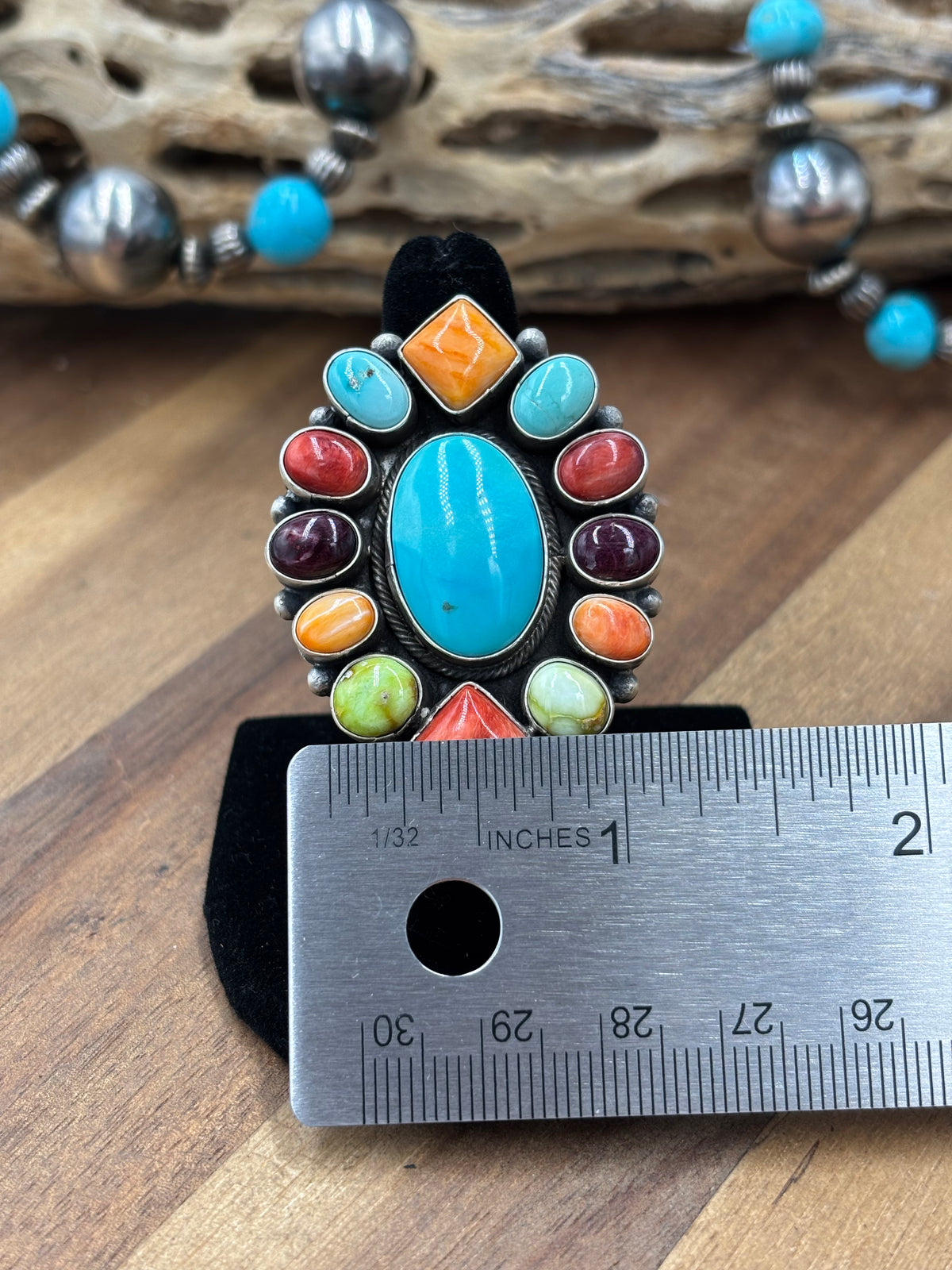 Mixed Stone #922-27 Size 6.5 Ring by Guinevere Joe, Navajo Turquoise, Red/Orange/Purple Spiny, Palomino