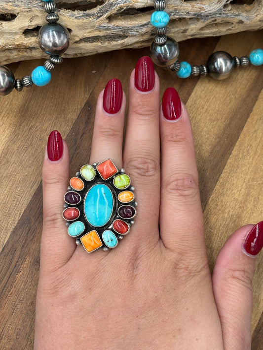 Mixed Stone #922-27 Size 6.5 Ring by Guinevere Joe, Navajo Turquoise, Red/Orange/Purple Spiny, Palomino
