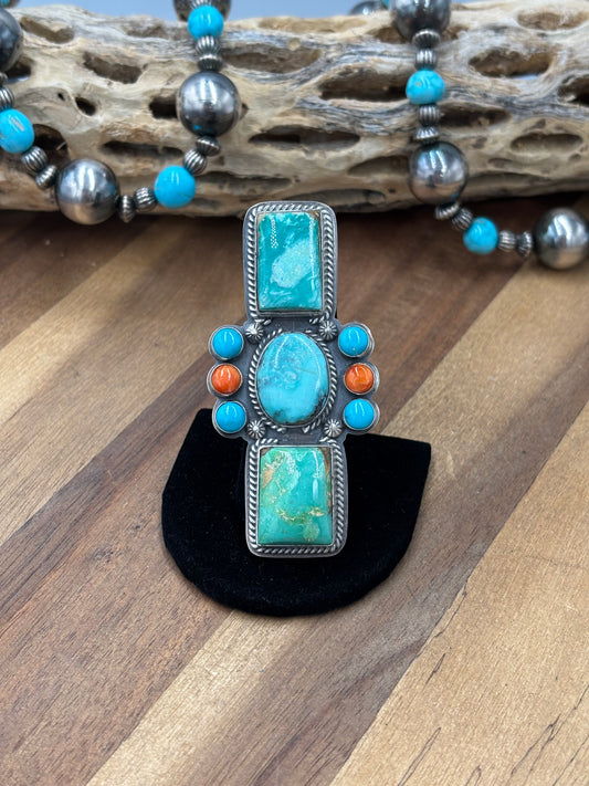 Mixed Stone #922-28 Adjustable Ring Turquoise & Orange Spiny