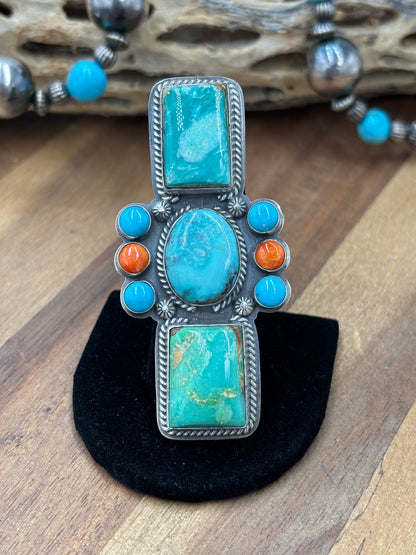 Mixed Stone #922-28 Adjustable Ring Turquoise & Orange Spiny