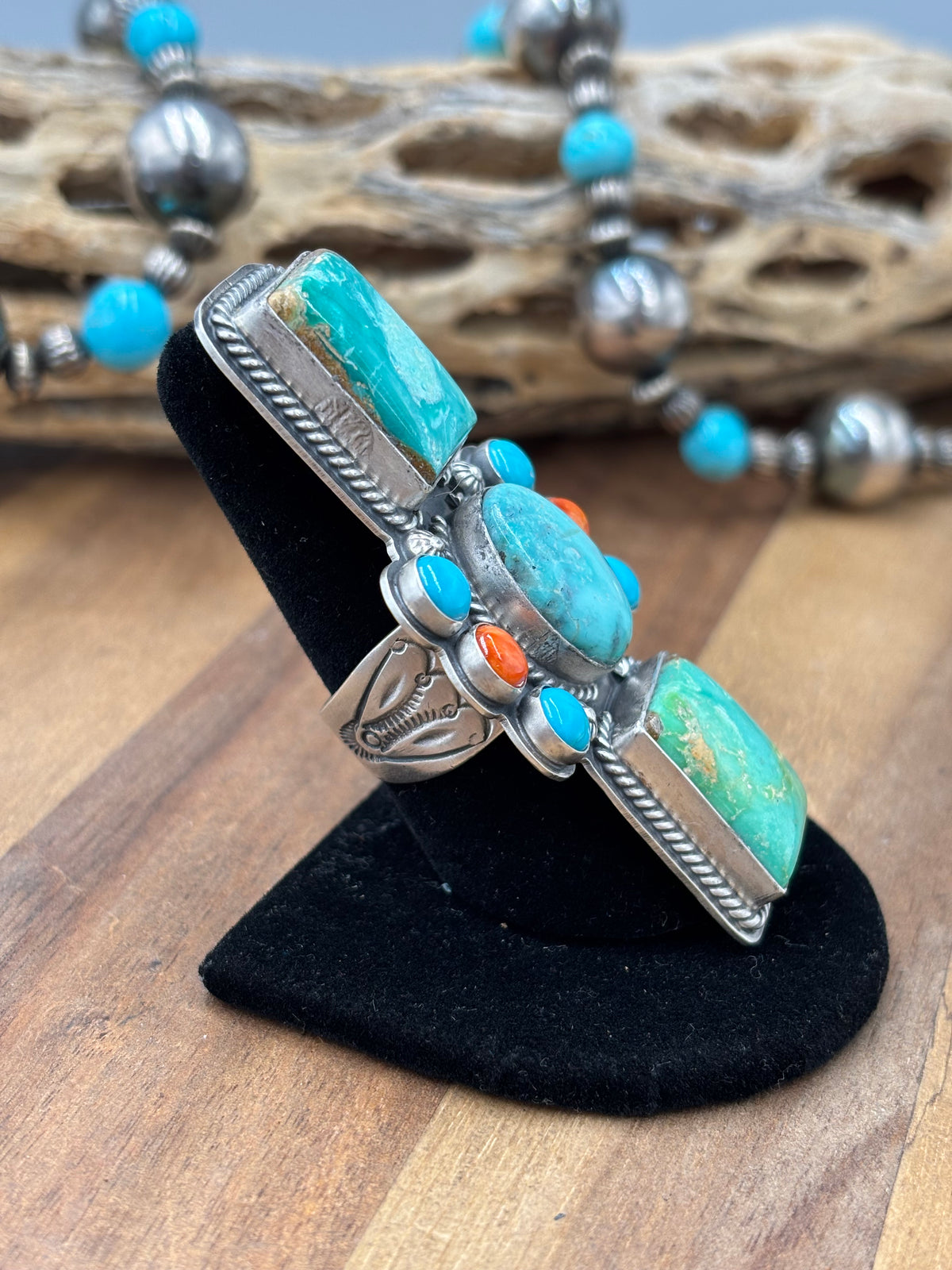 Mixed Stone #922-28 Adjustable Ring Turquoise & Orange Spiny