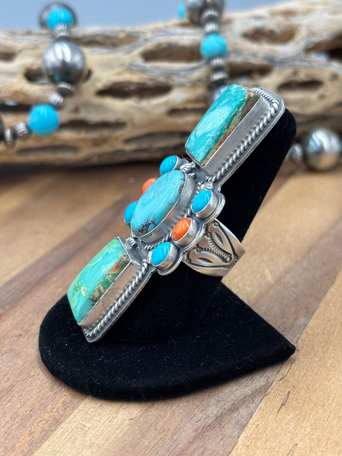 Mixed Stone #922-28 Adjustable Ring Turquoise & Orange Spiny