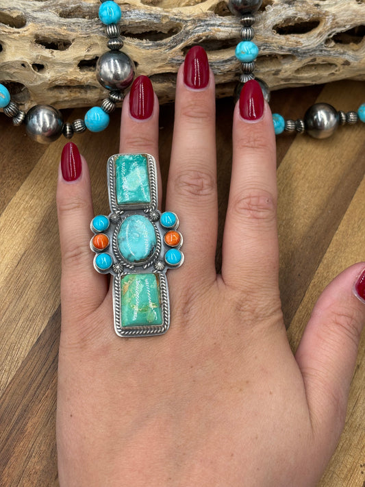 Mixed Stone #922-28 Adjustable Ring Turquoise & Orange Spiny
