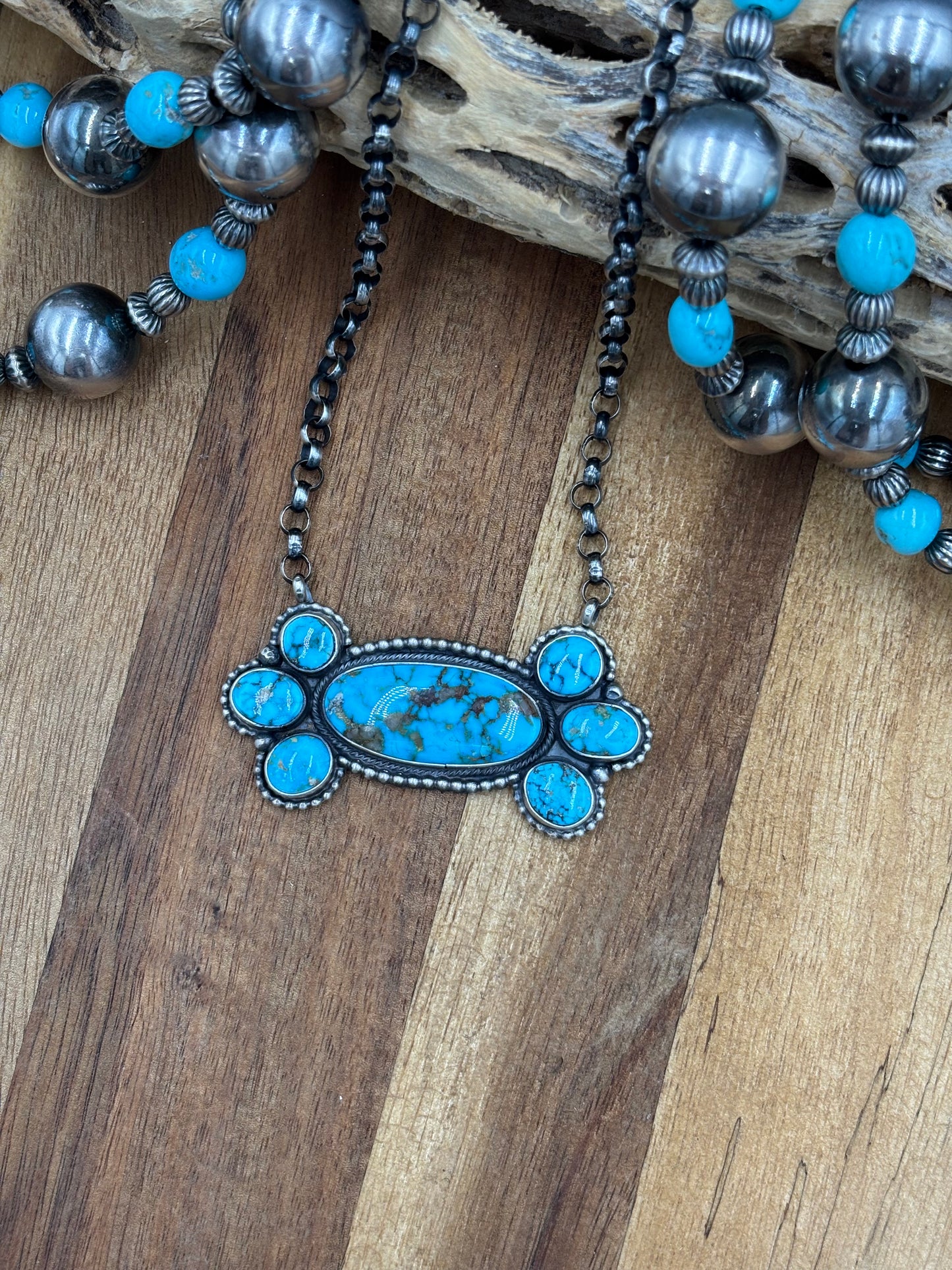 Webbed Kingman Cluster Necklace by Rena Shelly, Navajo #B