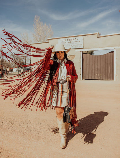 The Hannah Mae Red Fringe Leather Jacket (Regular & Plus Size)