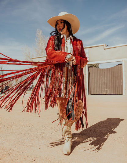 The Hannah Mae Red Fringe Leather Jacket (Regular & Plus Size)